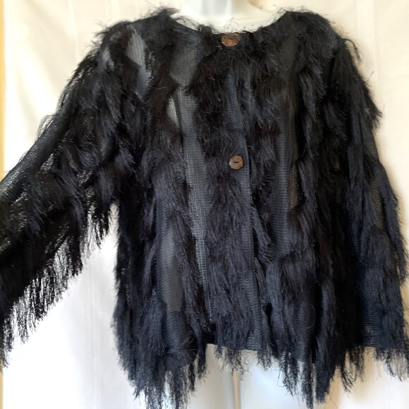 NWOT Colleen Lopez Women's Medium Navy Blue 3/4 sleeve Fun Feathery Sweater - Picture 2 of 10